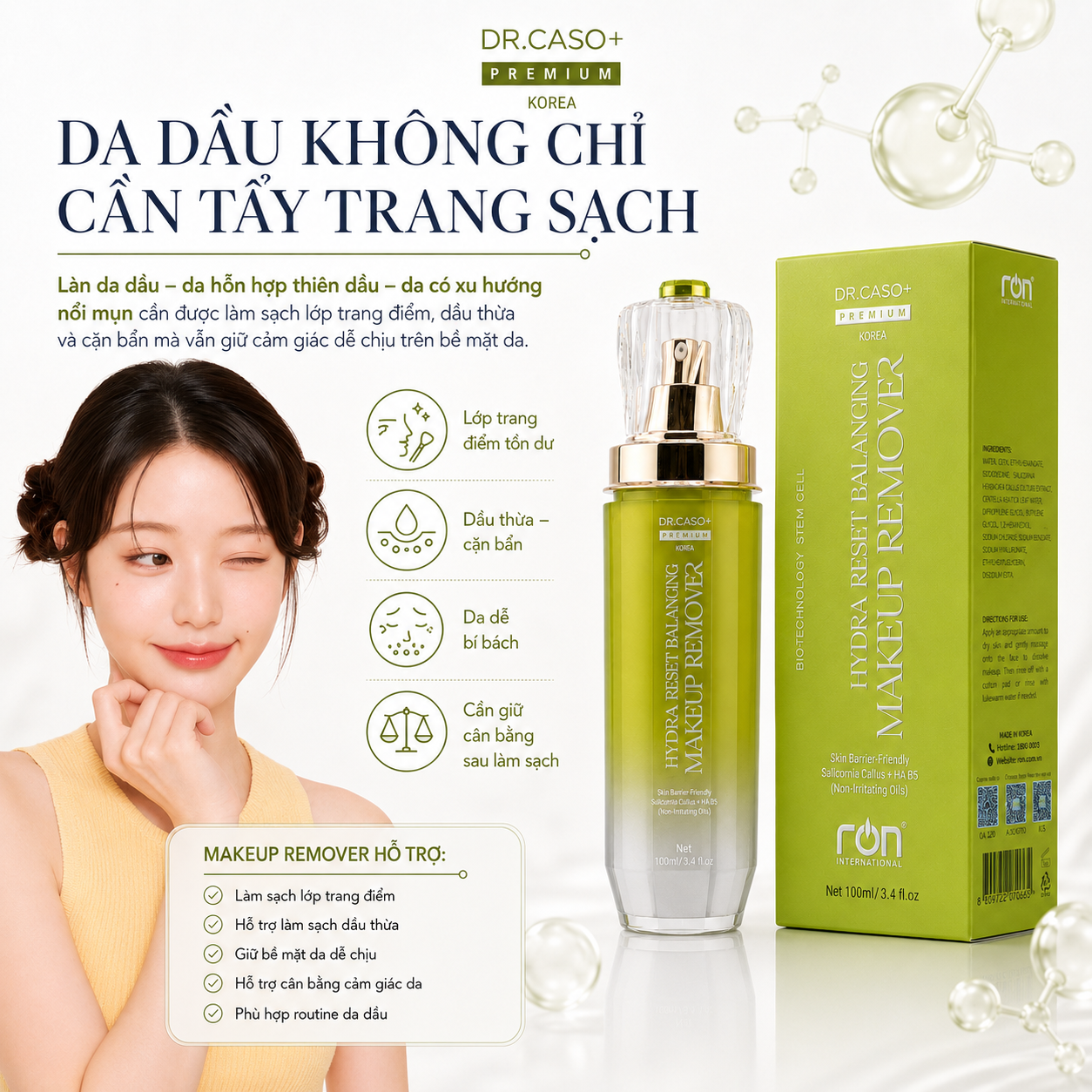 RON DR.CASO+ PREMIUM HYDRA RESET BALANCING MAKEUP REMOVER/Tẩy Trang Đa Tầng Hydra Reset – Hỗ Trợ Cân Bằng Và Củng Cố Hàng Rào Da